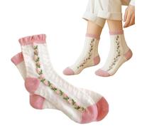 WKRTDY 1 Pares Calcetines con Volantes, Volantes Calcetines Casuales, Calcetines NiñA, Calcetines Antideslizantes Mujer, Volantes Calcetines CóModos, Calcetines de Algodón de Flores para Mujeres