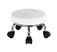 WKWKER Modern Roller Seat PU Leather Low Round Rolling Stool Swivel Small Stool con Ruedas giratorias universales para Home Office Garage Shop Fitness Sport, H: 21.3cm (Blanco)