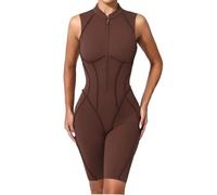 WKZSXXMJ Body de Yoga con Costuras Contorneadas para Mujer Monodete con Corte en la Espalda, Cremallera y Pantalones Cortos Elásticos para Entrenar con Almohadillas Extraíbles(Coffee,M)