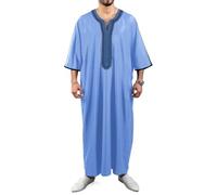 WKZSXXMJ Ropa Musulmana para Hombre Thobe de Lujo con Cuello en V y Bordados Caftán de Oriente Medio Vestido Largo Vestido Islámico Abaya(Light Blue,XL)