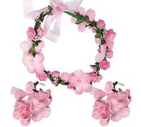 WLBON 3 diademas de flores con rosas y hojas florales para el pelo, diademas para mujer, Navidad, boda, Halloween, desfile hawaiano, cosplay, disfraces, accesorios de fiesta de cumpleaños, color rosa