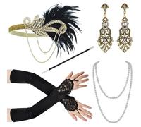 WLIHDB 1 Juego de accesorios bola maquillaje 1920, diadema aleación plumas for fiesta Gatsby, collar perlas, conjunto guantes para Mujer