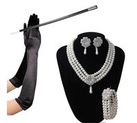WLIHDB Conjunto de accesorios disfraz Gatsby, joyería for mujer los años 20, collar perlas, pendiente, guante para Mujer