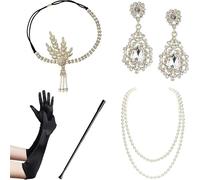 WLIHDB Conjunto de accesorios for disfraz Gatsby los años 20, diadema tipo flapper, collar perlas, guantes, soporte plástico, pendientes para Mujer(5pack-1)