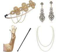 WLIHDB Conjunto de accesorios for disfraz Gatsby los años 20, diadema tipo flapper, collar perlas, guantes, soporte plástico, pendientes para Mujer(5pack-3)