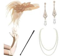 WLIHDB Conjunto de accesorios for disfraz Gatsby los años 20, diadema tipo flapper, collar perlas, guantes, soporte plástico, pendientes para Mujer(5pack-15)
