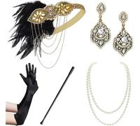 WLIHDB Conjunto de accesorios for disfraz Gatsby los años 20, diadema tipo flapper, collar perlas, guantes, soporte plástico, pendientes para Mujer(5pack-4)