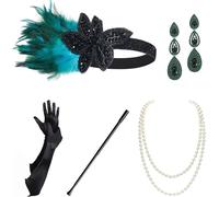 WLIHDB Conjunto de accesorios for disfraz Gatsby los años 20, diadema tipo flapper, collar perlas, guantes, soporte plástico, pendientes para Mujer(5pack-10)