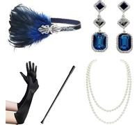 WLIHDB Conjunto de accesorios for disfraz Gatsby los años 20, diadema tipo flapper, collar perlas, guantes, soporte plástico, pendientes para Mujer(5pack-7)