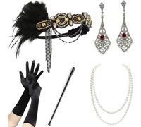 WLIHDB Conjunto de accesorios for disfraz Gatsby los años 20, diadema tipo flapper, collar perlas, guantes, soporte plástico, pendientes para Mujer(5pack-8)