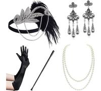 WLIHDB Conjunto de accesorios for disfraz Gatsby los años 20, diadema tipo flapper, collar perlas, guantes, soporte plástico, pendientes para Mujer(5pack-11)