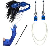 WLIHDB Conjunto de accesorios for disfraz Gatsby los años 20, diadema tipo flapper, collar perlas, guantes, soporte plástico, pendientes para Mujer(5pack-16)