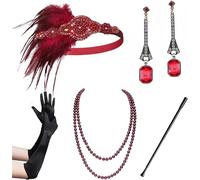 WLIHDB Conjunto de accesorios for disfraz Gatsby los años 20, diadema tipo flapper, collar perlas, guantes, soporte plástico, pendientes para Mujer(5pack-9)