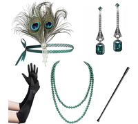 WLIHDB Conjunto de accesorios for disfraz Gatsby los años 20, diadema tipo flapper, collar perlas, guantes, soporte plástico, pendientes para Mujer(5pack-12)