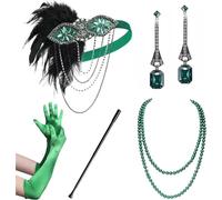 WLIHDB Conjunto de accesorios for disfraz Gatsby los años 20, diadema tipo flapper, collar perlas, guantes, soporte plástico, pendientes para Mujer(5pack-17)
