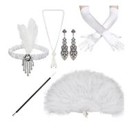 WLIHDB Diadema de plumas for fiesta los años 20, collar perlas, varilla humo, pendientes Vintage, conjunto abanico negras for mujer para Mujer(WHITE)