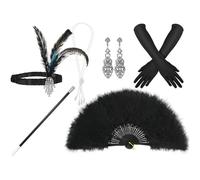 WLIHDB Diadema de plumas for fiesta los años 20, collar perlas, varilla humo, pendientes Vintage, conjunto abanico negras for mujer para Mujer(Black)