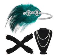 WLIHDB Disfraz de fiesta los años 20 for mujer, diadema tipo flapper, collar perlas, guante, conjunto accesorios for tocado Gatsby para Mujer(Green)