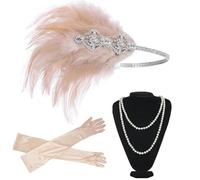WLIHDB Disfraz de fiesta los años 20 for mujer, diadema tipo flapper, collar perlas, guante, conjunto accesorios for tocado Gatsby para Mujer(Pink)