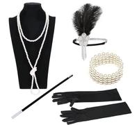 WLIHDB Juego de accesorios for disfraces fiesta los años 20, diadema plumas estilo, collar perlas, guantes, juego 5 piezas para Mujer
