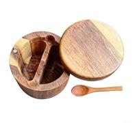 Wlinfetity Tarro de especias de madera Acacia con doble compartimento, tapa y cuchara, recipiente de sal y azúcar a prueba de polvo, compacto para cocina