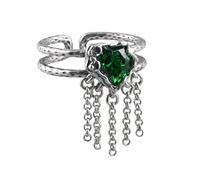 WLLDDDIU Anillo Ajustable,Anillos Abiertos Ajustables de Plata de Ley 925 para Mujer, Doble Círculo Verde en Forma de Corazón, Circonita Cúbica, Anillo de dedo con Borla de Cadena, Anillo de Boda