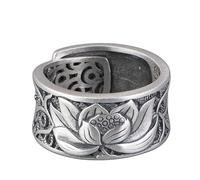 WLLDDDIU Anillo Ajustable,Anillos Abiertos Ajustables de Plata Esterlina 925 para Mujer, Estilo Étnico Vintage, Banda de Sutra de Corazón de Loto, Círculo de dedo Altamente Pulido, Joyería, Rega