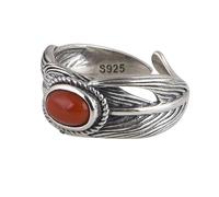 WLLDDDIU Anillo de Plata de Ley 925,Anillos de Plata de Ley 925 para Mujer, Abiertos, Ajustables, Vintage, con Incrustaciones de Plumas y Ágata Roja, Joyería para Cenas, Fiestas, Bodas, Regalo de