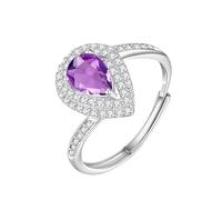 WLLDDDIU Anillos de Plata con Piedra Natal para Mujer, Corte de Pera, Solitario, Halo, Promesa, Infinito, Banda Ajustable, Aniversario, Circonita Cúbica, Diamante Simulado, Amatista.