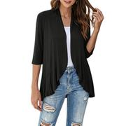 WLLDDDIU Bolero Cardigan de Mujer Manga 3/4 Abierta Frontal Punto Ligero Short Shhh Casual Drapeado Bajo Elegante Prenda de Verano para Vestidos, Fiesta Diaria de Oficina Prenda de Noche Negro XL