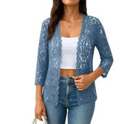 WLLDDDIU Bolero de Encaje para Mujer Verano Manga 3/4 con Manga Abierta Delante, Ribete Recortado, Vestido Transparente Floral para Boda, Ropa Casual Diaria Vaquero Azul M
