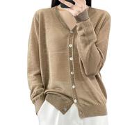 WLLDDDIU Bolero Mujer, Cárdigan de Lino de Seda Fina de Verano para Mujer, Cárdigan de Punto Transparente de Manga Larga con Cuello en V Holgado y Suave, Cárdigan Elegante con Botones, Cárdigan