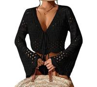 WLLDDDIU Bolero Mujer, Chaqueta de Baño de Manga Larga con Aberturas para Mujer, Cárdigan Corto, Ligero, Abierto por Delante, con Cordones, de Crochet, Bolero, Tops Informales de Verano para Playa