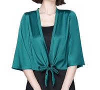 WLLDDDIU Boleros de Verano para Mujer, Ligeros, de Satén, Tipo Bolero, con Lazo Frontal, Mangas 3/4, Tipo Kimono Corto, Cárdigan, Elegantes Vestidos de Noche para Bodas, Color Verde, Talla L
