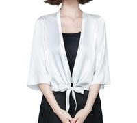 WLLDDDIU Boleros de Verano para Mujer, Ligeros, de Satén, Tipo Bolero, con Lazo Frontal, Mangas 3/4, Tipo Kimono Corto, Cárdigan, Elegantes Vestidos de Noche para Bodas, Color Blanco, Talla L