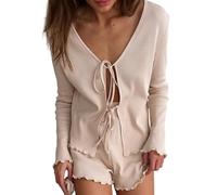 WLLDDDIU Cárdigan Corto de Punto con Lazo Frontal para Mujer, Chaqueta Bolero Ligera de Crochet de Manga Larga, Suéter de Verano, Top de Encogimiento de Hombros para Vestidos, Color Caqui, Talla X