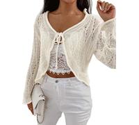 WLLDDDIU Cárdigan de Crochet Hueco de Verano para Mujer, Chaqueta Bolero Corta de Manga Larga, Suave y Ligera, con Lazo Frontal, Suéteres Elegantes de Punto, Tops para Playa de Verano, Color Albar