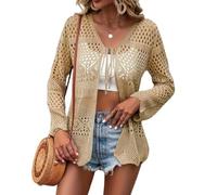 WLLDDDIU Cárdigan de Crochet Hueco de Verano para Mujer, Chaqueta Bolero de Punto de Manga Larga con Lazo Frontal, Cuello en V, Encogimiento de Hombros Ligero y Elegante, Prenda de Punto para Cubri
