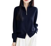 WLLDDDIU Cardigan de Lana Merino de Manga Larga con Cremallera para Mujer, Suéter de Cuello Alto con Doble Cremallera y Sudadera de Jersey Suave y Cálido Otoño Invierno BLU Marino