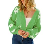 WLLDDDIU Cárdigan de Punto Suave y Peludo para Mujer, Jaququard Floral Abierto con Cardigan Abierto en El Frente, Manga Globo con Escote en V, Chaqueta Jersey Holgada para Otoño, Invierno Verde S