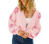 WLLDDDIU Cárdigan de Punto Suave y Peludo para Mujer, Jaququard Floral Abierto con Escote en V con Manga Globo, Chaqueta Jersey Holgada para Otoño, Invierno Rosa S