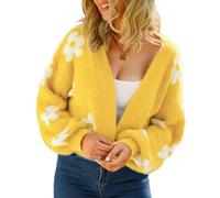 WLLDDDIU Cárdigan de Punto Suave y Peludo para Mujer, Jaququard Floral Abierto en El Frente, Cárdigan Abierto en El Frontal, Manga en V con Manga Globo, Chaqueta Jersey Holgada y Ajuste, Punto par