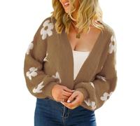 WLLDDDIU Cárdigan de Punto Suave y Peludo para Mujer, Jaququard Floral Recortado Delantero, Cárdigan de Cuello en V con Manga Globo y Camiseta Holgada Chaqueta de Punto para Otoño, Invierno Camel