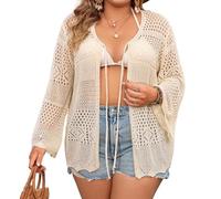 WLLDDDIU Cárdigan de Talla Grande para Mujer, con Lazo Frontal, Chaqueta Bolero Calada de Verano, Suéter de Punto de Manga Larga Informal, Tops de Playa de Verano para Vacaciones, Caqui XXL