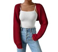 WLLDDDIU Cárdigan de Verano para Mujer, Abierto Al Frente, Mangas Largas, Punto Acanalado, Boleros, Suéter, Top Corto, Chaqueta Ligera y Elegante para Salir de Vacaciones, Color Vino Tinto L