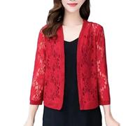 WLLDDDIU Cardigan Mujer, Bolero de Manga Larga Elegante para Mujer, Cárdigan Corto Ligero con Encaje Frontal Abierto, Chaqueta Informal Transparente, para Verano, para Bodas de Noche, Rojo, XXL