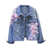 WLLDDDIU Cazadora Vaquera Mujer,Chaquetas de Mezclilla para Mujer, Elegantes Chaquetas de Mezclilla Cortas con Bordado de Flores, Abrigo Clásico de Motociclista con Solapa y Botones con Bolsillos,