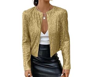 WLLDDDIU Chaquetas de Verano Mujer, Bolero Festivo para Damas, Elegante Bolero con Lentejuelas Brillantes para Mujer, Blusas Cortas Brillantes, Cárdigan de Manga Larga, Chaqueta con Frente Abierto,