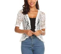 WLLDDDIU Mujer Ligero Encaje Floral Transparente Cárdigan Elegante Manga Corta Frente Abierto Ver A Través Bolero Se Encoge De Hombros Chaqueta De Hombros Capa De Fiesta De Noche Cubier