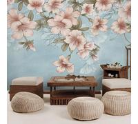 WLLDDDIU Mural Floral Vintage Pintado A Mano Gran Azalea Rosa Florecida Autoadhesiva Pintura Mural de Vinilo Azul Claro Papel Pintado 3D decoración Extraíble para El Hogar Arte de Pared para El Do